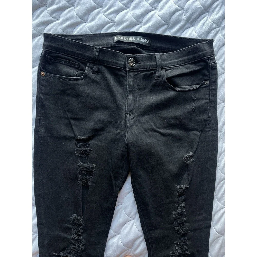 Express Women’s Black Jeans Size 12 Mid Rise Legging Distressed Stretch